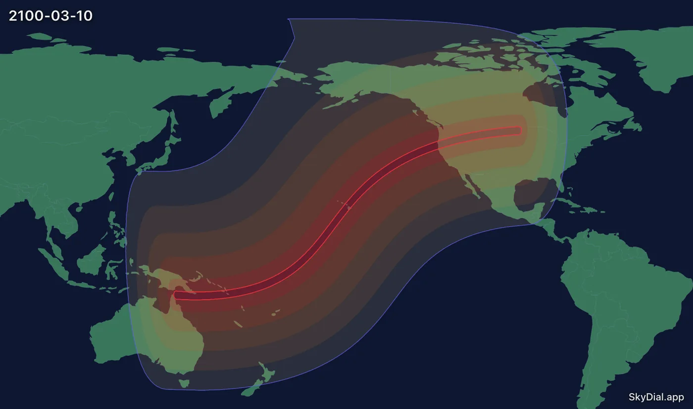 Interactive map of the 2100-03-10 solar eclipse